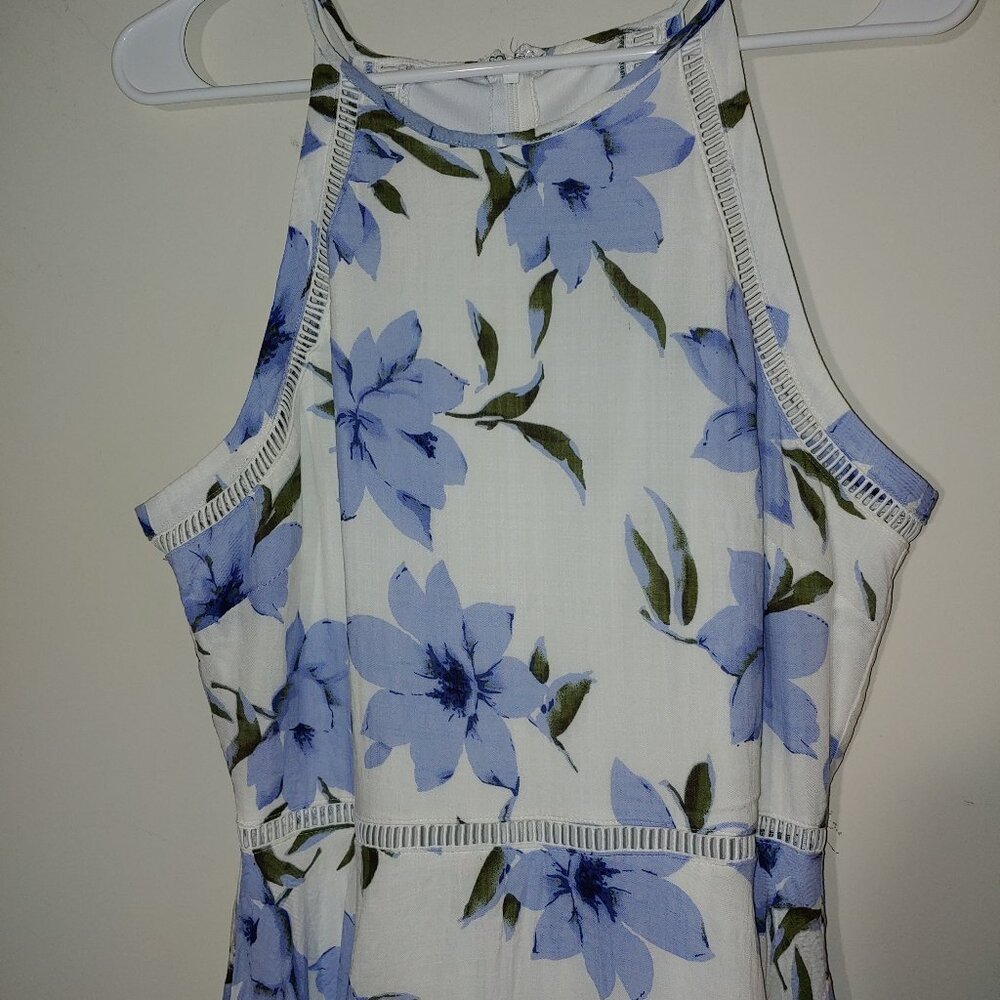 Lulus Zahara Handkerchief Hem Halter Top Floral Midi Dress L in White and Blue - Picture 4 of 10